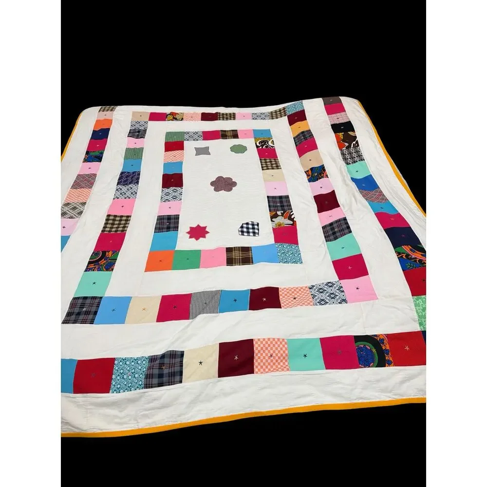 Vintage Handmade Folk Art Patchwork Quilt Hand Quilted Memory Quilt 68x84